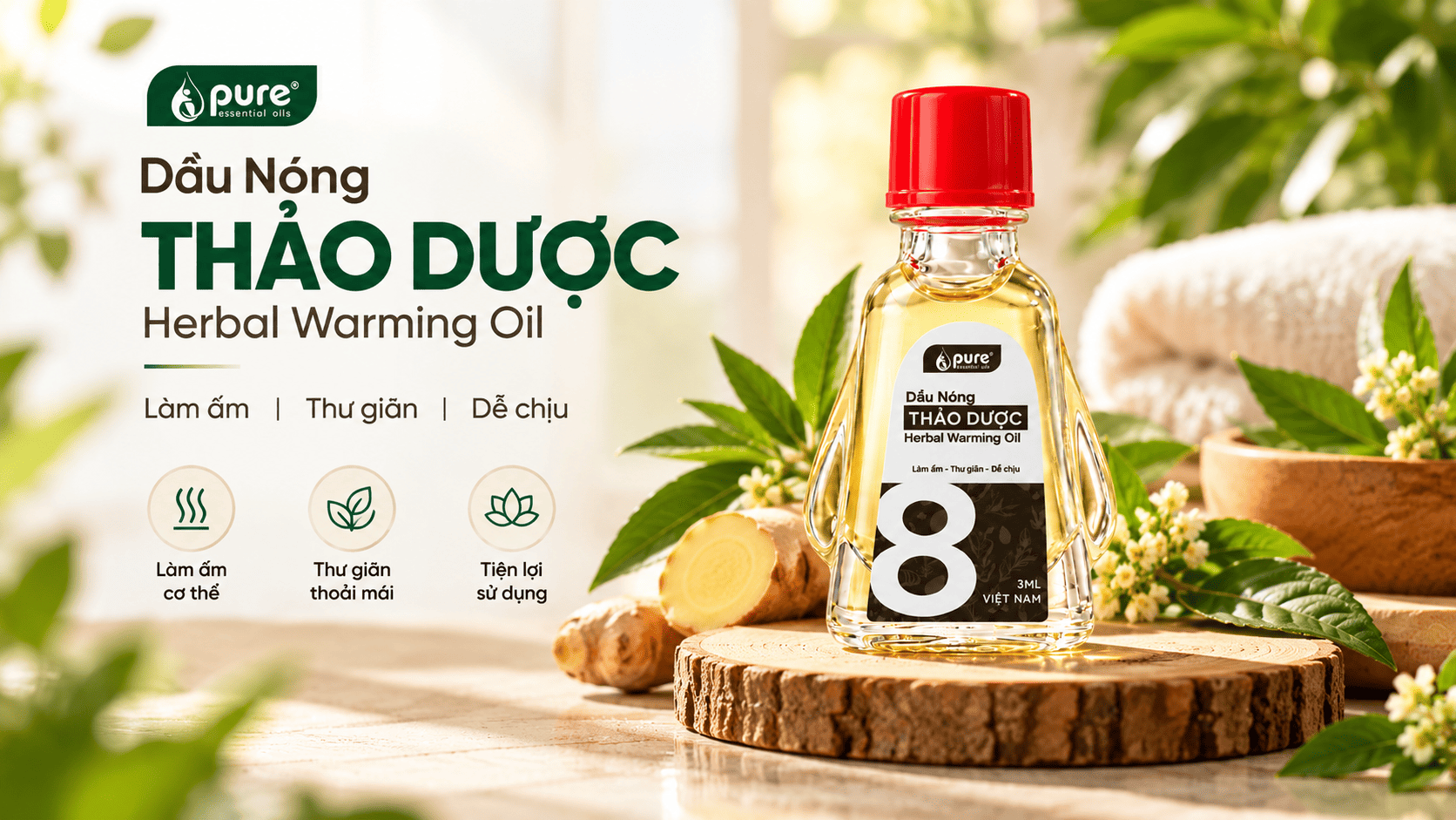 Dầu nóng thảo dược 3ml mini hỗ trợ thư giãn PURE