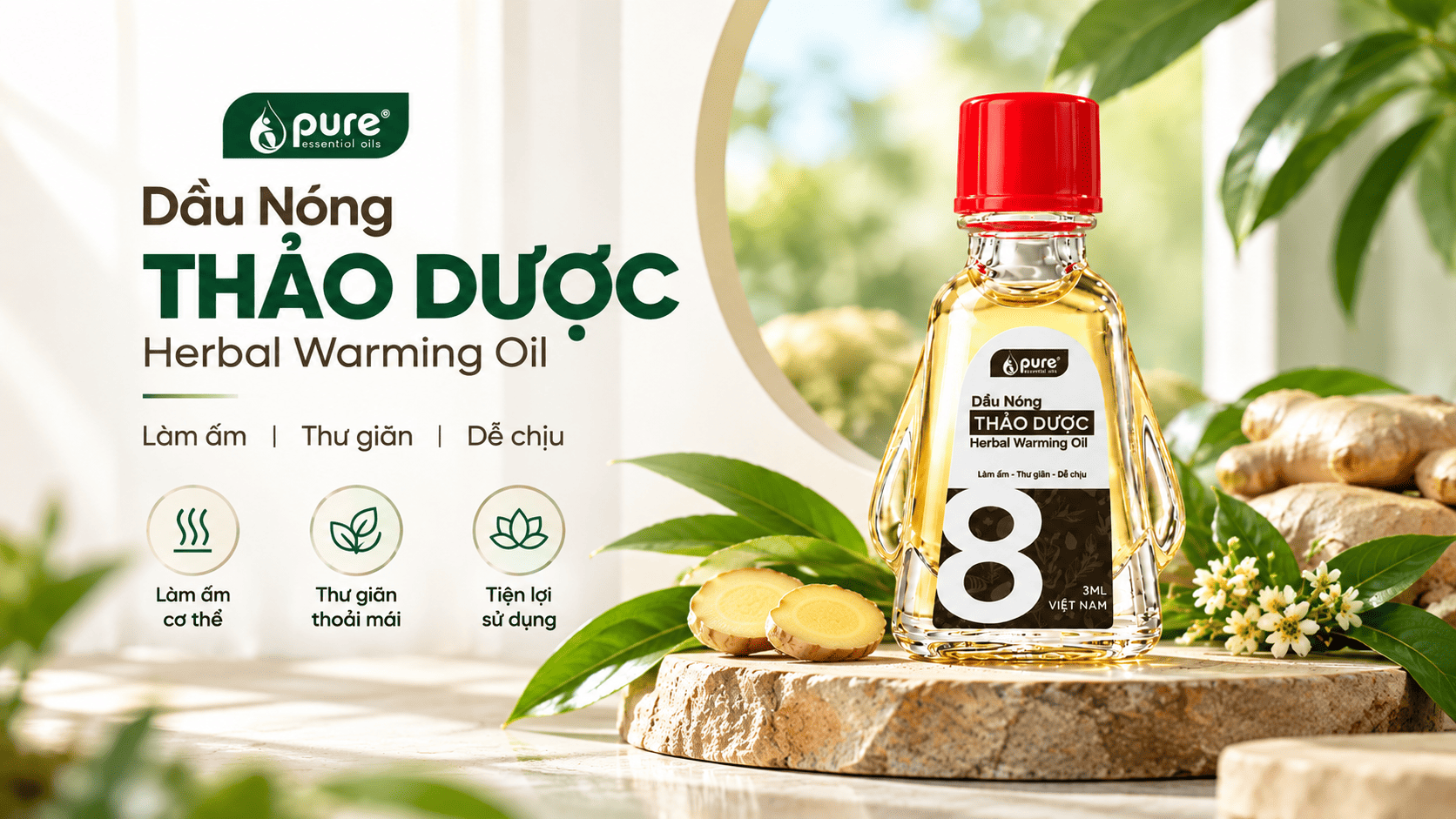 Dầu nóng thảo dược 3ml mini PURE phù hợp sử dụng hằng ngày