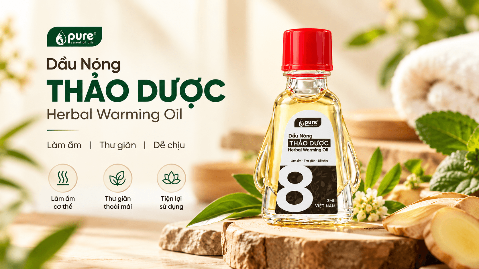 Dầu nóng thảo dược PURE 3ml nhỏ gọn tiện lợi mang theo