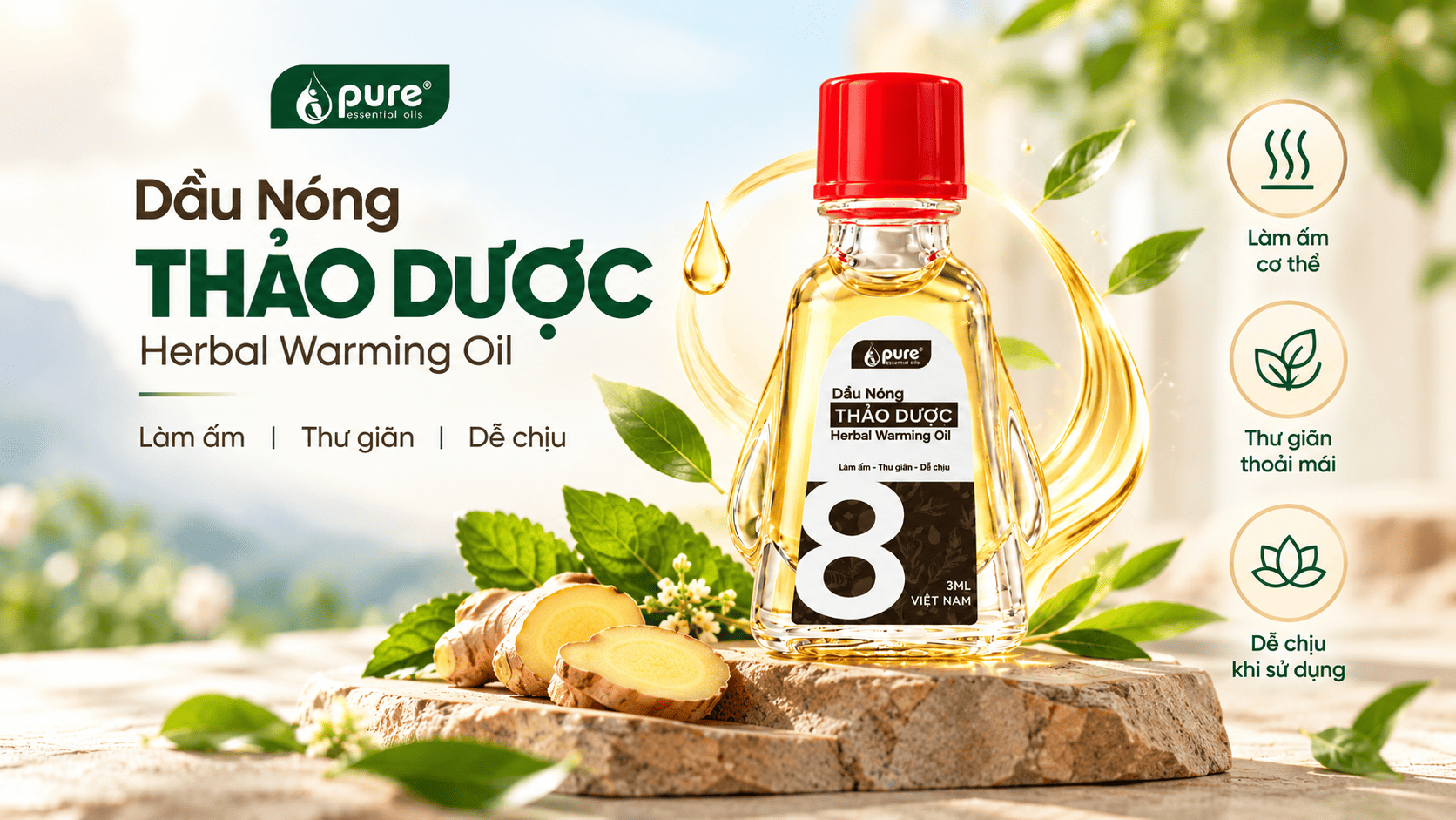 Dầu nóng thảo dược PURE giúp làm ấm và massage cơ thể