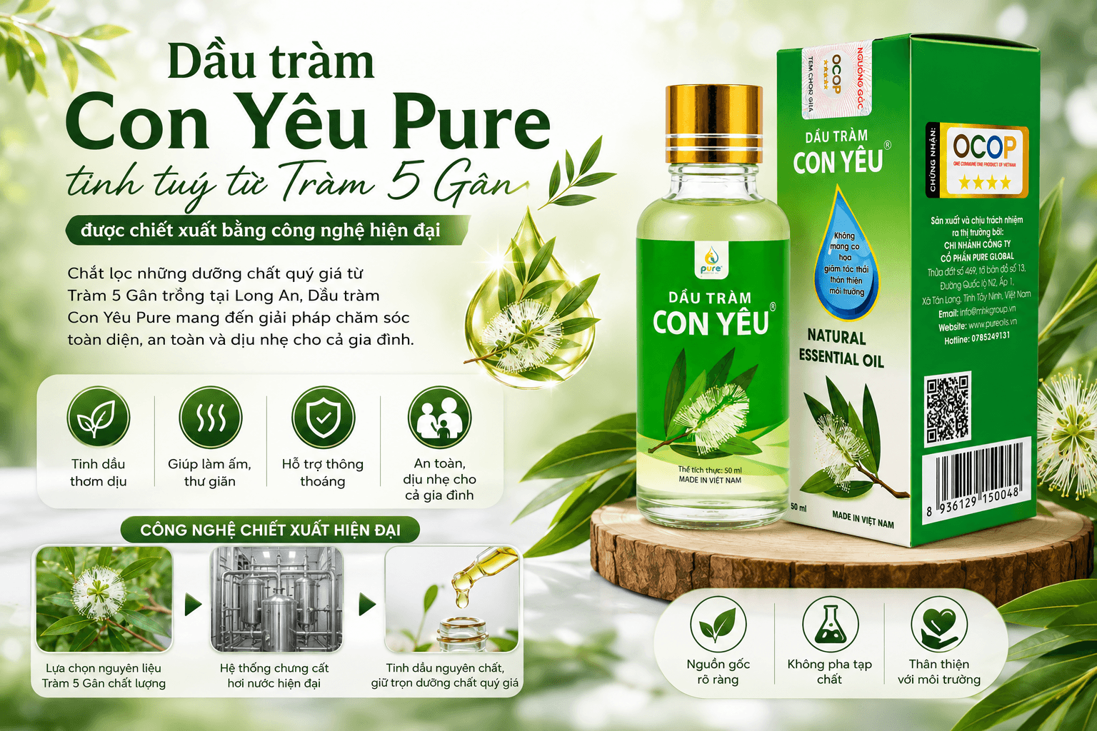Dầu tràm Con Yêu Pure tinh tuý từ Tràm 5 Gân được chiết xuất bằng công nghệ hiện đại