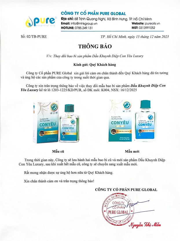 THÔNG BÁO THAY ĐỔI MẪU BAO BÌ SẢN PHẨM DẦU KHUYNH DIỆP CON YÊU LUXURY