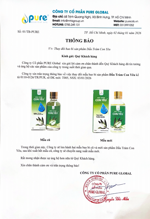 THÔNG BÁO THAY ĐỔI MẪU BAO BÌ SẢN PHẨM DẦU TRÀM CON YÊU