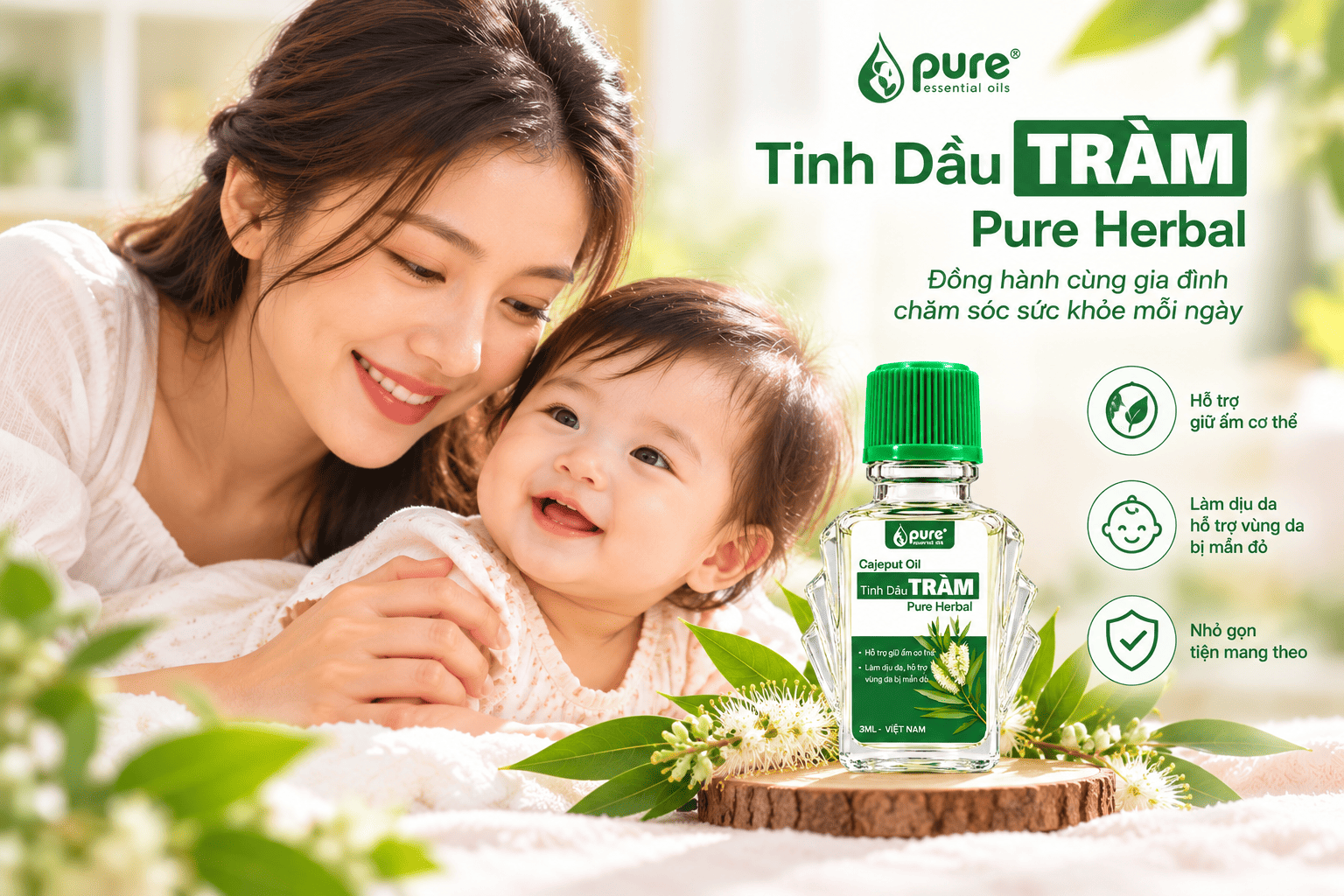 Tinh dầu tràm 3ml mini PURE phù hợp sử dụng hằng ngày