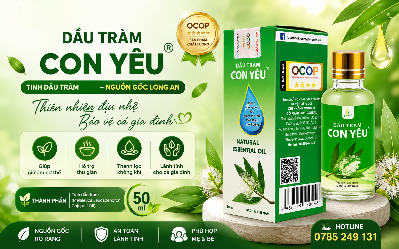 Vùng Nguyên Liệu Tràm 5 Gân Pure Dầu Tràm Con Yêu: Đạt Chuẩn JICA Nhật Bản
